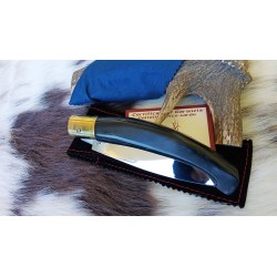 Coltello sardo a lama larga, lama 13 cm effetto specchio-satinato, manico in corno di bufalo