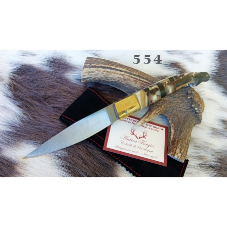 Coltello sardo artistico foggia antica, lama 11,5 cm, manico a mosaico in corno di montone e bufalo con anima in acciaio