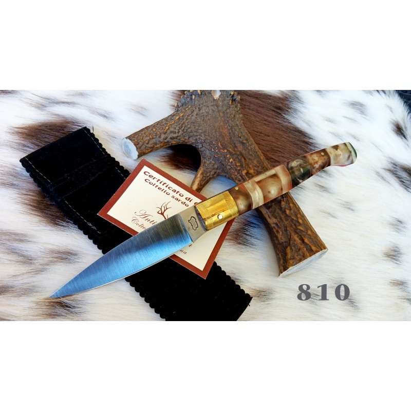 Coltello sardo artistico pattadese, lama 12 cm, manico a mosaico in corno di montone e bufalo con anima in acciaio